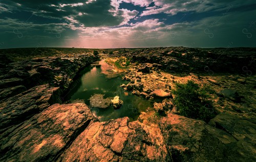 A shot of the desert, with a pond in the middle and topped with extended trees, while the sky appears cloudy during the day