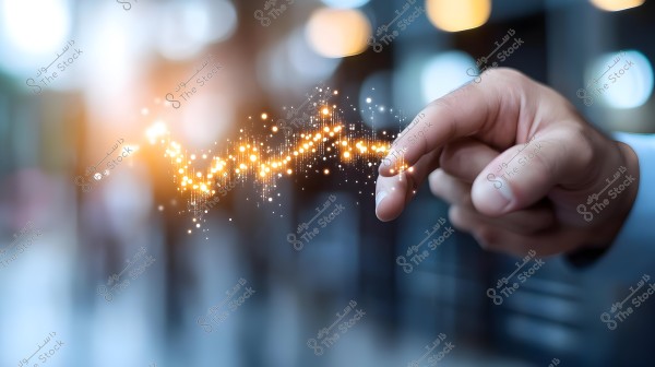 An image depicting a hand of a person wearing a dark formal jacket, touching a glowing and sparkling visual effect resembling light signals. The background is blurred with warm colors and out of focus, giving the image a technological or futuristic feel.