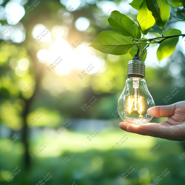 A lit light bulb hanging on a green tree branch held by a person\'s hand, against a blurred natural background illuminated by sunlight.