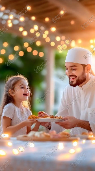 رجل يرتدي ثوبًا أبيض وغطاء رأس تقليدي يقدم طبقًا من الطعام لفتاة صغيرة ذات شعر بني طويل, ترتدي فستانًا أبيض. هم يجلسون معًا في مكان خارجي مبهج مزين بأضواء متلألئة في الخلفية, تعكس لحظة دافئة ومبهجة.