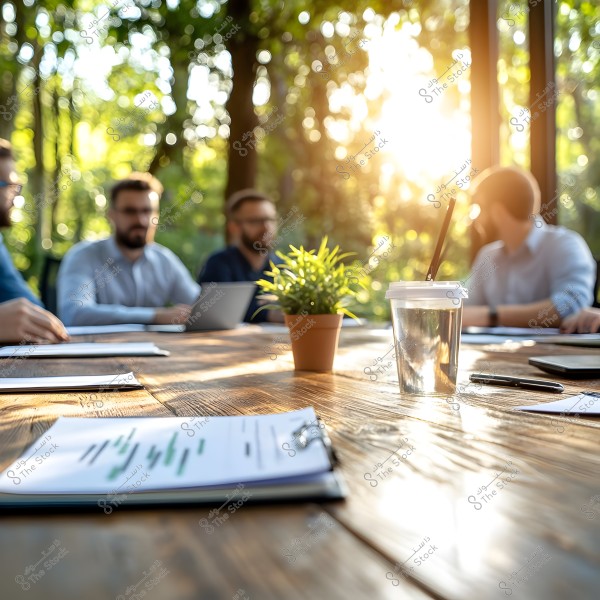 A group of people sitting around a wooden table in a business meeting set in a naturally lit environment with sunlight streaming in. On the table, there are documents, a pen, a small plant in a pot, and a glass of water with a plastic straw. The background features trees and green plants.