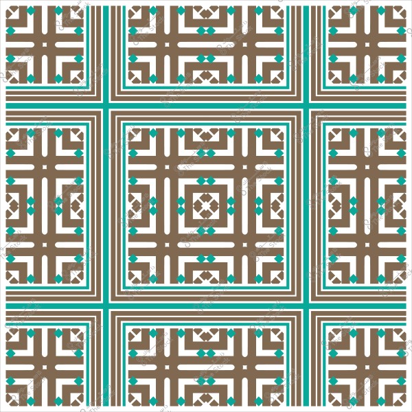 تصميم هندسي بزخارف متكررة بألوان بني وأزرق على خلفية بيضاء.