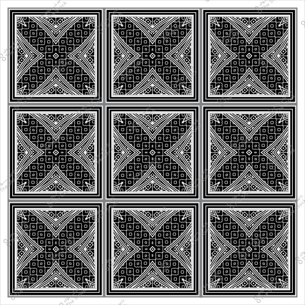 Image of an Islamic geometric pattern consisting of nine repeated squares in black and white.