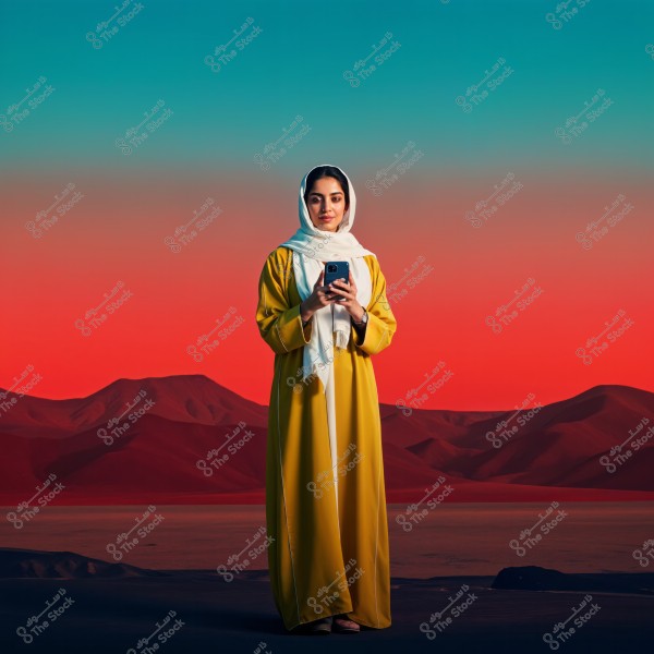 A woman wearing a yellow abaya and a white hijab stands in a desert landscape with a sky gradient of blue and orange. She is holding a phone in her hands, surrounded by sand dunes in the background.