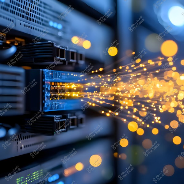 An image shows two server units in a data center with bright optical fiber lights emanating in an orange color. The lights are extending away from the servers, symbolizing fast data transfer and digital connectivity.