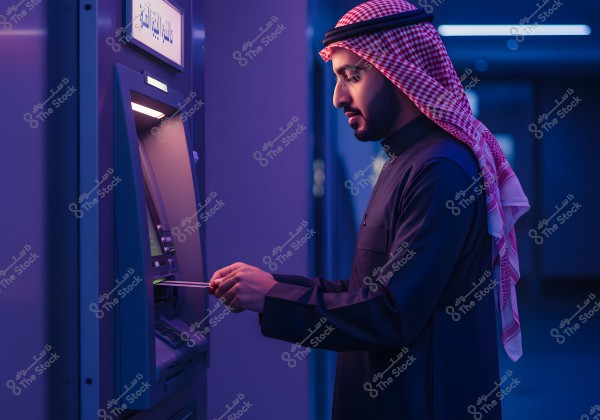 Image of a man standing in profile using an ATM. The man is wearing a dark thobe with a red and white checkered headscarf and agal, in a setting illuminated by calm blue lighting.