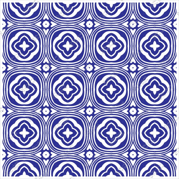 Blue and white geometric pattern with circular repetitions and floral motifs.