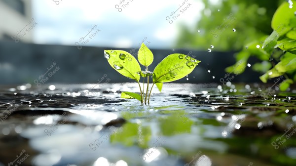 Image shows a small plant growing in a puddle of water, with water droplets falling on its green leaves. The background includes a cloudy setting and a blurry nature indicating a natural environment.
