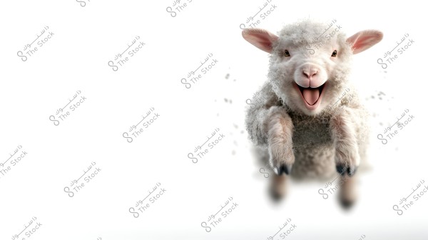The image shows a small, smiling lamb jumping in the air against a white background. Its body is covered in soft white wool, and it looks full of energy and happiness.