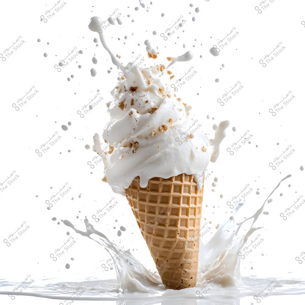 Image of a vanilla ice cream cone with waffle cone, with splashes and small crumbs scattering, and a milky liquid splashing around on a white background.
