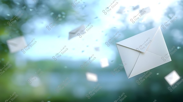 White mail envelopes floating in the air with a blurred background showcasing a natural scene filled with greenery and blue sky. The image evokes movement and floating messages.