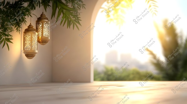 Two hanging oriental lamps with intricate lattice patterns dangling from a ceiling next to a large arch in the wall, with some green leaves draping down. The warm light illuminates the scene, and a landscape with trees and distant landmarks can be seen in the background under bright sunlight.