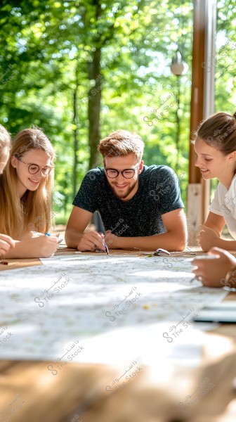 People sitting around a table in a sunny outdoor setting, studying a map. The individuals are wearing casual clothing and eyeglasses. The background features green trees with sunlight filtering through, giving the impression of a summer day.
