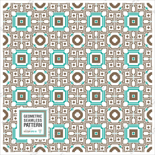 Geometric seamless pattern with square and circular shapes in brown and turquoise colors.