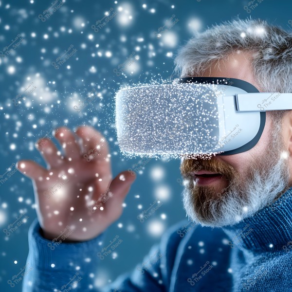 A man with a gray beard wearing virtual reality glasses, surrounded by sparkling visual effects. He is wearing a blue sweater and appears immersed in a virtual reality experience. The background is blue with glowing light dots.