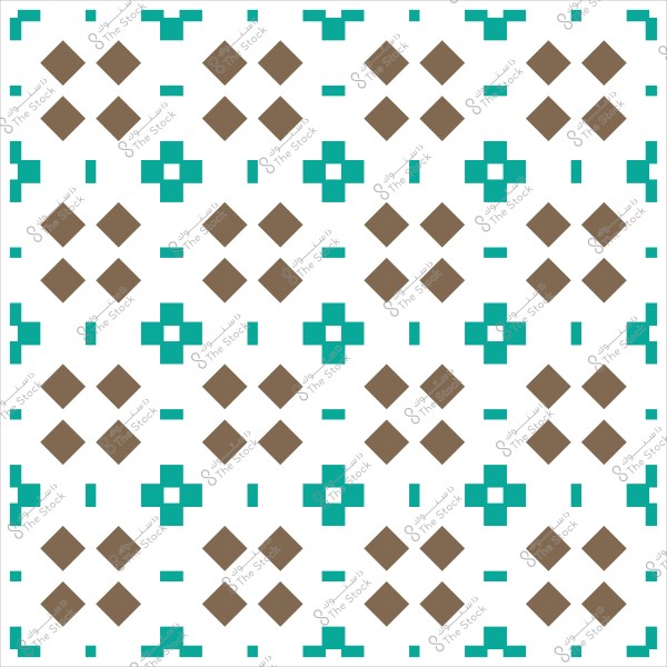 Geometric Arabic pattern with a repeating design of squares and motifs in brown and blue on a white background.