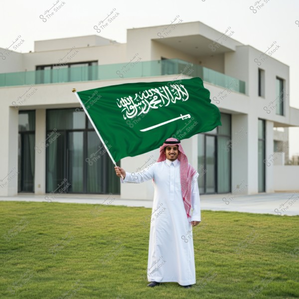 A man wearing a white thobe, ghutra, and agal, holding the Saudi Arabian flag with its green colors and Islamic inscriptions, standing in front of a modern building with contemporary architecture and a green lawn.