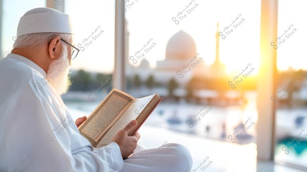 A man wearing a white robe and headpiece is sitting near a large window, reading a large book. In the background, there is a view of a mosque with minarets and a white dome under the sunset light.