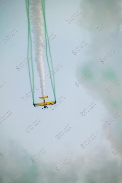 A yellow airplane performing an aerial show in a clear sky, emitting trails of white and green smoke. The plane is tilted upside down, with smoke trails extending behind it.