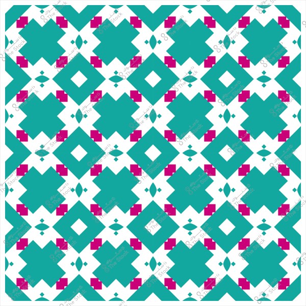 Traditional geometric pattern consisting of square and floral shapes in turquoise green and pink on a white background.