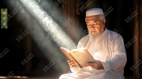 An image of an elderly man sitting in sunlight streaming through a window, reading a book. The man is wearing a white robe and a traditional cap, with sunlight reflecting on his face and the book. The background is dark, highlighting the light and tranquility in the scene.