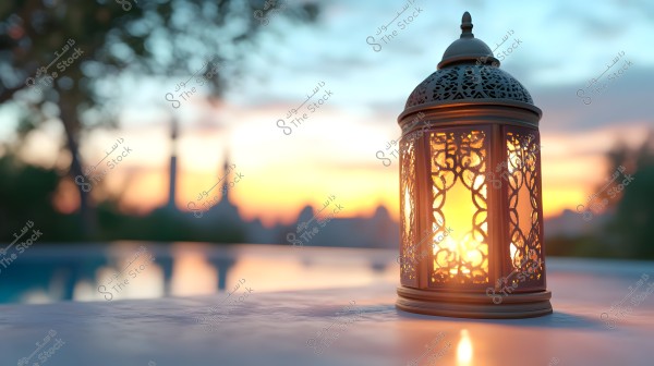 A traditional Arabic lantern lit up and placed on a reflective surface, with a sunset in the background. A mosque appears as a blurred silhouette in the background, adding to the Ramadan ambiance of the scene.