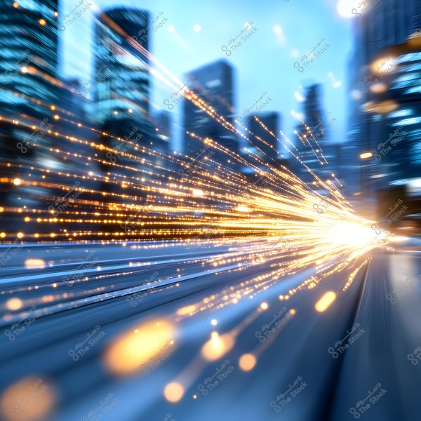 An image depicting a fast-moving light effect in a modern city. The image features glowing light streaks moving diagonally from right to left against a backdrop of tall, blurred buildings and a light blue sky.