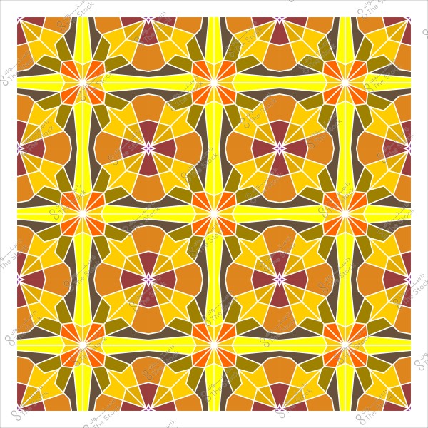 A repeating geometric pattern consisting of star and flower shapes in yellow, orange, and brown. The design features symmetrical lines and interlocking angles forming a cohesive grid.