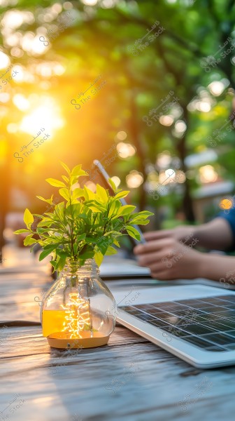 An image showing an outdoor wooden table with a glass vase containing small green plants lit with tiny lights. In the background, people are seated with their hands appearing to use a tablet in the warm sunlight. Trees and leaves form part of the scene in the background.
