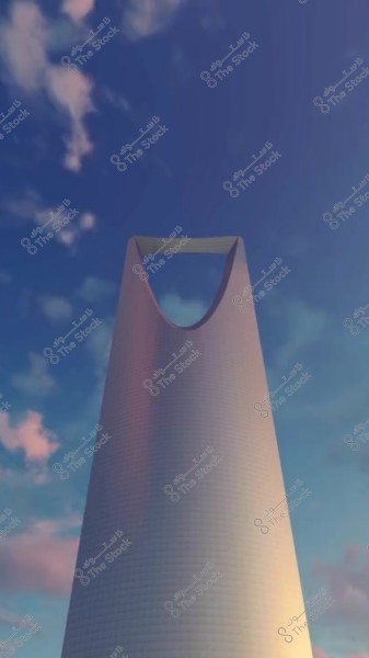 An image of the Kingdom Tower in Riyadh, Saudi Arabia, depicted in a striking scene under a blue sky with scattered clouds. The tower is recognized for its unique architectural design with the distinctive upper opening.