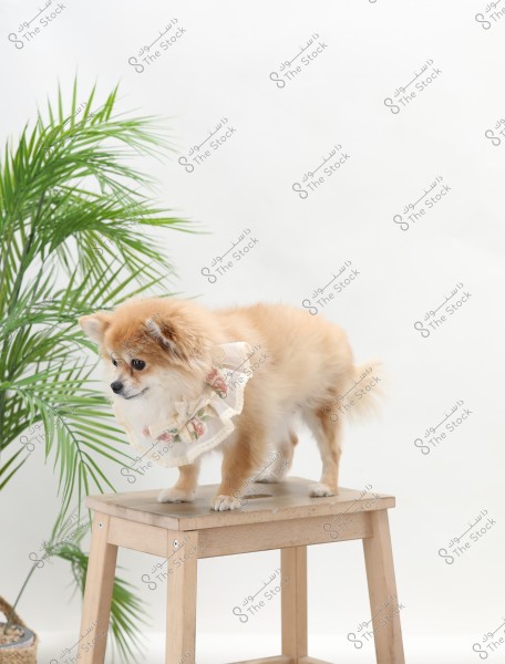 A small brown-furred dog standing on a wooden stool in a studio setting with a white background. The dog is wearing a floral scarf around its neck. A potted plant is visible on the left side of the image.