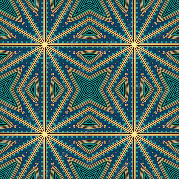 Colorful geometric pattern with intersecting lines and multiple dots on a blue background.