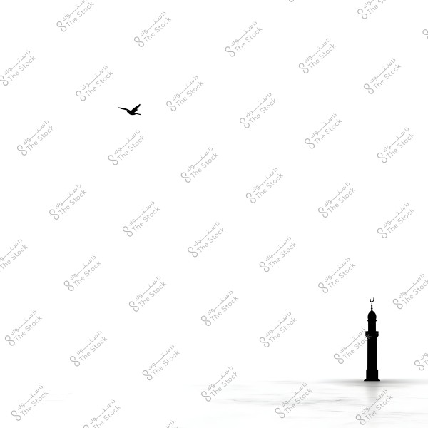 An image depicting a minimalist and serene scene featuring a silhouetted bird flying in the sky. In the lower part of the image, a silhouette of a mosque's minaret is visible, conveying a sense of peace and tranquility in an open sky.