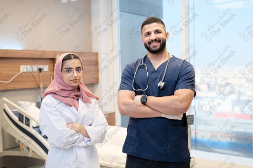 A Saudi female doctor and paramedic who wears the official medical uniform and looks happy, providing health services, medicine and health care