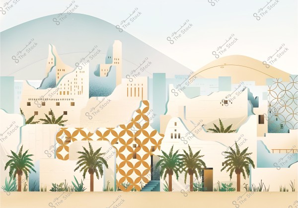 Abstract artwork depicting traditional mud-architecture homes and buildings with geometric patterns, surrounded by palm trees and greenery. The background features mountainous hills and water-like shapes, with soft color gradients of blue and beige.