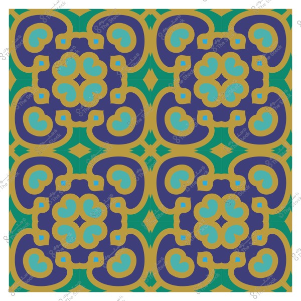 Islamic pattern design with a background in blue, green, and gold colors featuring repeating geometric shapes.