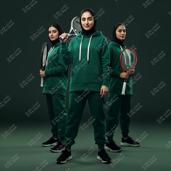Image of three women standing in various poses holding tennis rackets. All women are wearing dark green sports suits with black hijabs and black sneakers. The background is a dark green color that highlights the clothing and sports equipment.