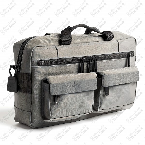 A gray hand bag with black straps and multiple front pockets, placed on a white background. by AI