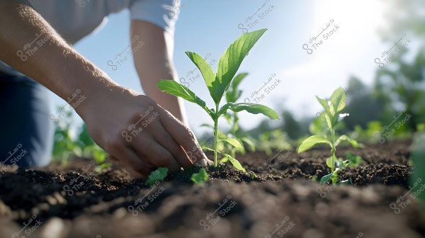 The image shows a person\'s hand planting a small plant in fertile soil under bright sunlight. The leaves appear green and healthy, and the surrounding soil looks carefully tilled, with a blurred background of other trees or shrubs in daylight.