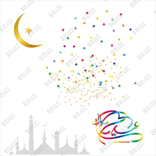 Eid Mubarak design with Arabic calligraphy, star decorations, and crescent moon, featuring a mosque and minaret in the background.