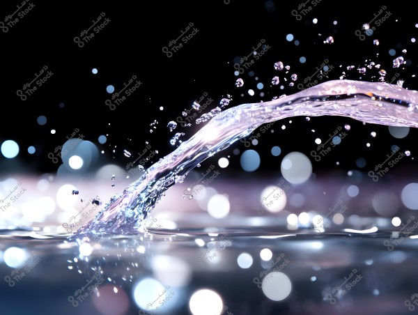 An image depicting a stream of water flowing through the air against a black background. Water droplets scatter in various directions amid circular bokeh lights ranging from white to blue, creating a sense of motion and natural beauty.