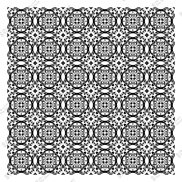 نمط زخرفي بالأبيض والأسود يتميز بتصميم هندسي متكرر مع أشكال دائرية وزخارف زهرية.