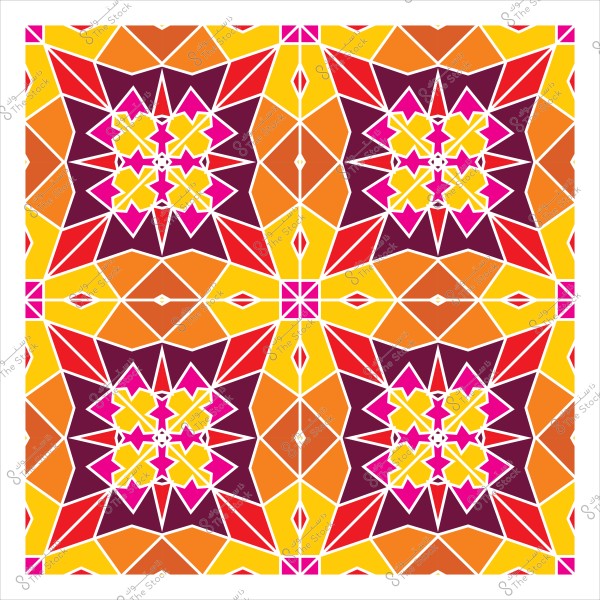 نمط هندسي ملون مستوحى من الفن الإسلامي يتكون من أشكال متداخلة بألوان الأصفر والبرتقالي والأحمر والبنفسجي.