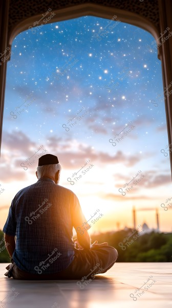 A man sitting in a cross-legged position inside an arched doorway, meditating at sunset. The clear sky is filled with twinkling stars. The man is wearing a cap and traditional attire. In the background, mosques and domes are visible on the horizon.