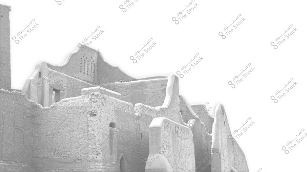 An image of the ruins of a traditional mud building, reflecting the Najdi architectural style from the Arabian Peninsula. The structure features thick mud walls with traditional details such as geometric carvings. The background is white, enhancing the visibility of the building\'s details.
