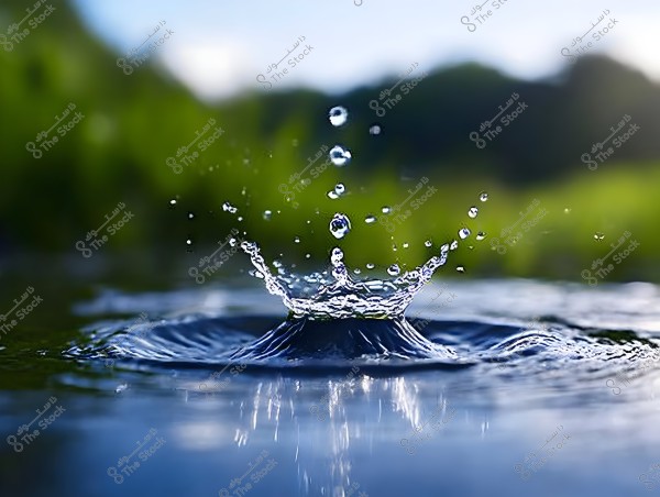 Image of a water droplet falling into a pond, creating rippling circular effects. In the background, green trees and a blurred natural setting are visible. The image uses a soft focus technique to highlight the details of the droplet and its impact on the water.