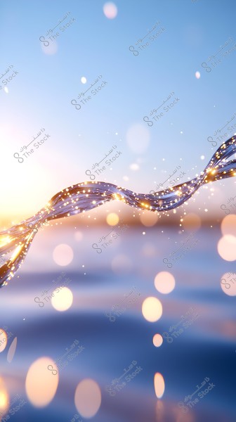 An abstract image featuring intertwined luminous strands against a blurred blue background. The glowing strands have small light dots appearing as sparkles. The horizon is visible in the background with dim sunlight.