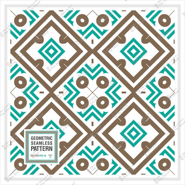 نمط هندسي متكرر بأشكال مربعة وبنية مع تفاصيل زرقاء وخضراء, مع تصميم منمق.