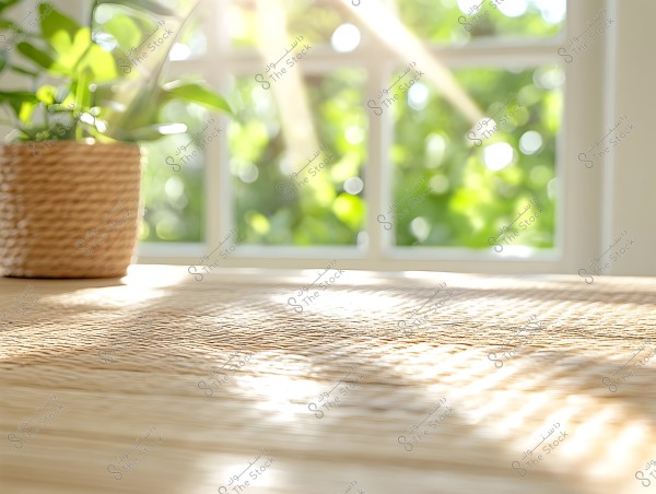 Image of a wooden table illuminated by sunlight streaming through a window in the background. A green plant in a brown pot is situated on the left side of the image. The sunlight creates natural shadows on the table surface, with a green, natural backdrop visible through the window.