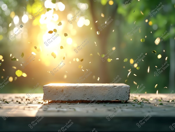 An image of a stone slab placed on a wooden surface, surrounded by leaves flying in the air. The background features a mix of green trees with bright sunlight filtering through the leaves, creating a serene and natural aesthetic.